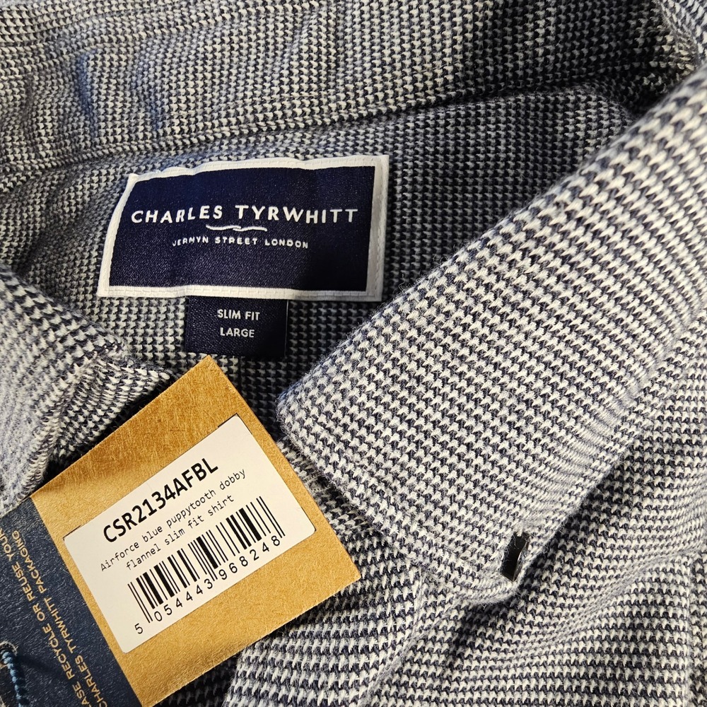 Charles‎ Tyrwhitt Mens Slim Fit Flannel Shirt Blue Puppytooth Dobby NWT L - Picture 9 of 9